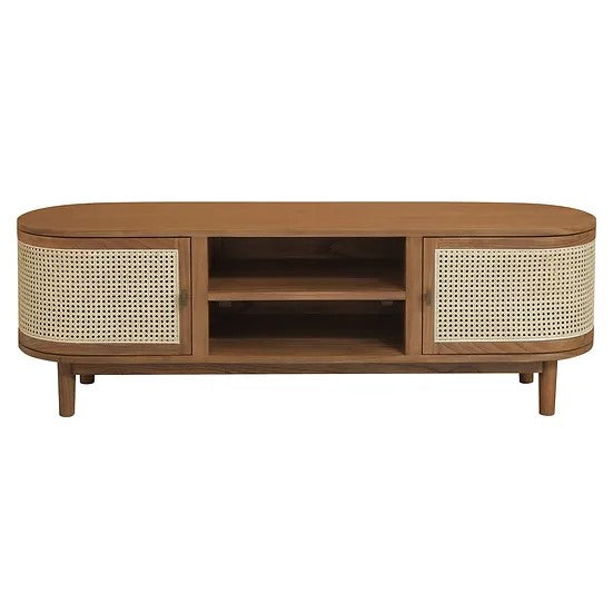 RADISSON Kelly TV Console Solid Teak Wood Rattan 2 Door Entertainment Unit 150 x 40 x 50 TEK168 EU 200 RTKL (Almond)