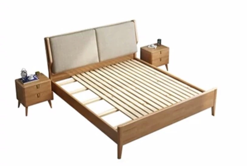 CLYDE HILTON Japandi Style American Solid Wood Cushioned Headboard Bed Frame