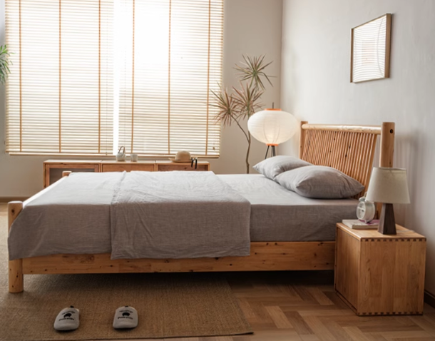 AMANDINE HILTON American Solid Wood King Queen Size Bed Frame Japandi Style