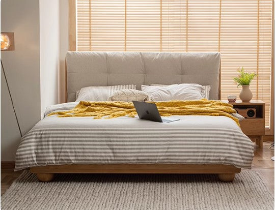 BRIDGER HILTON Japandi Style American Solid Wood Large Cushion Headboard Low Height Double Bed Frame