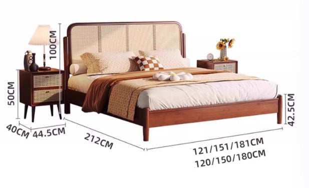 CARINA HILTON Japandi Style American Solid Wood Rattan Headboard King Queen Size Bed Frame