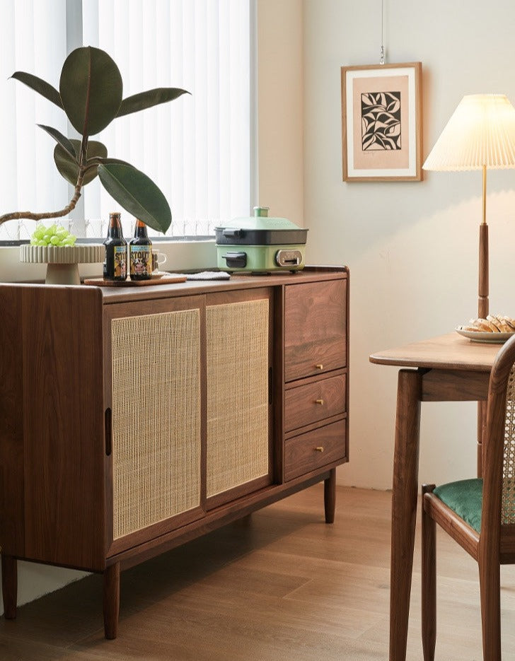 OSMUND COURTYARD Scandinavian Japanese Rattan Solid Wood Buffet Side Cabinet