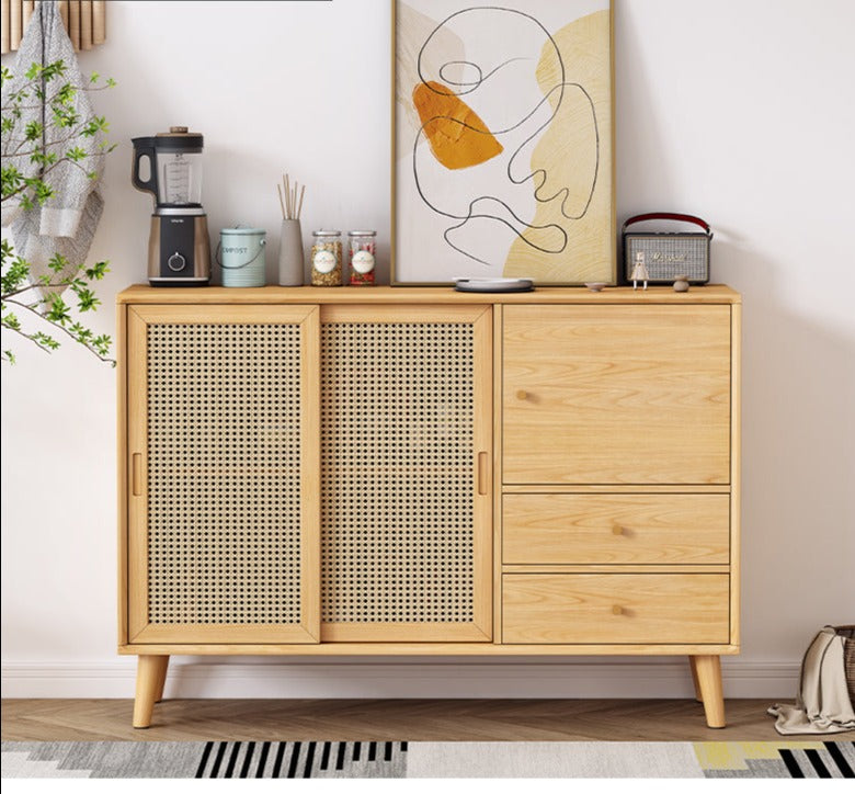 HAILEY Solid Wood Rattan Sliding Door Buffet Cabinet Sideboard ( 2 Color 2 Size )