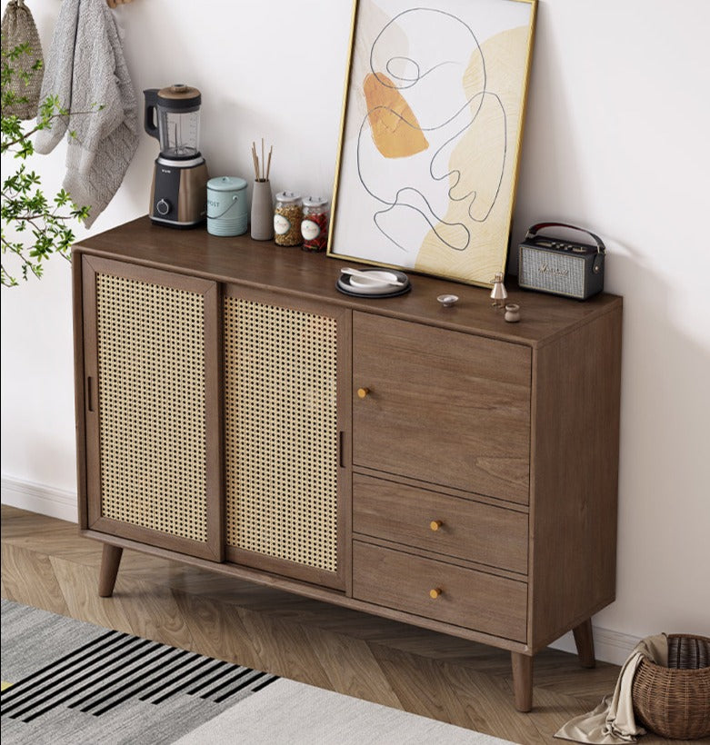 HAILEY Solid Wood Rattan Sliding Door Buffet Cabinet Sideboard ( 2 Color 2 Size )