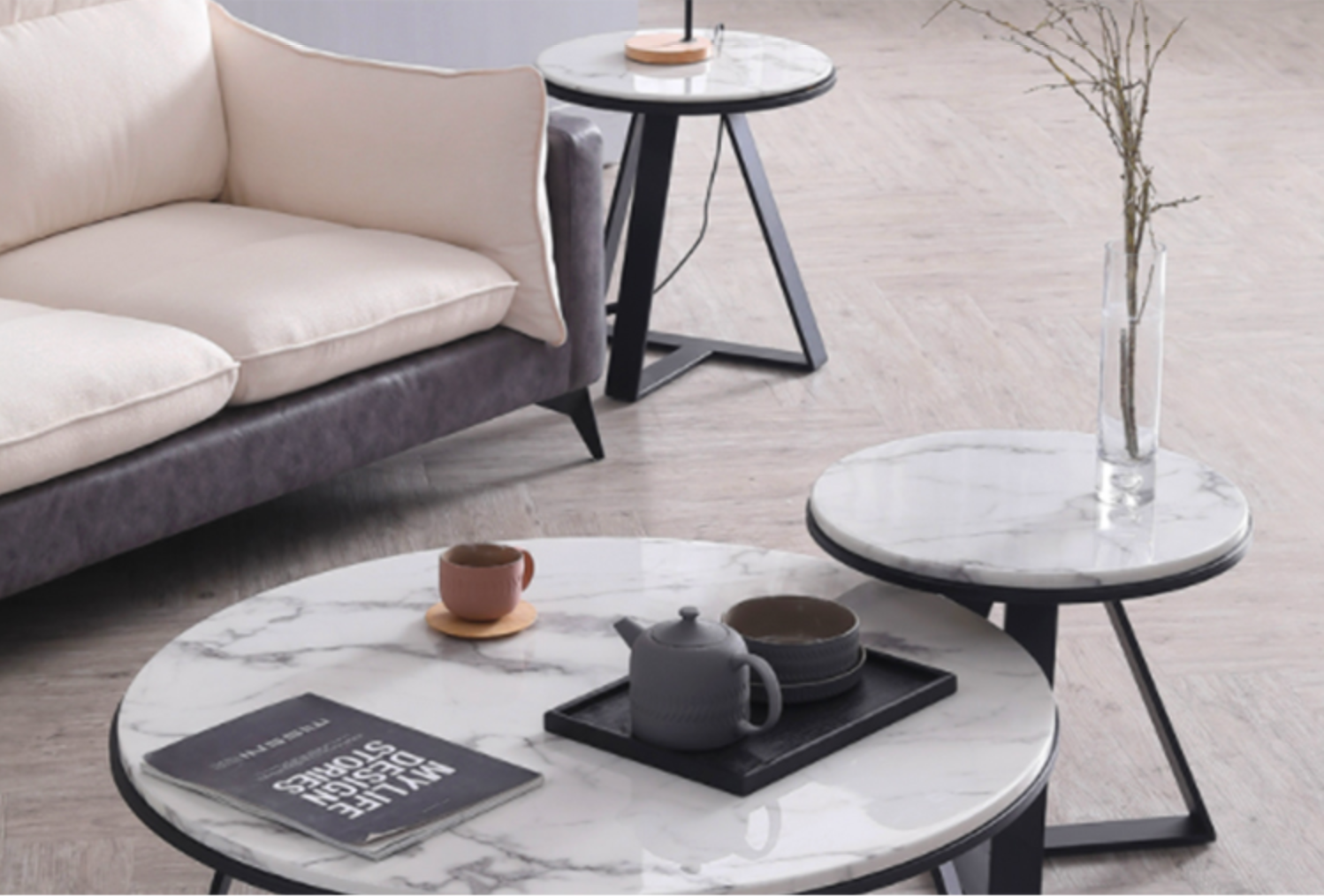 ELEANOR Round Oval Marble Coffee Table Set