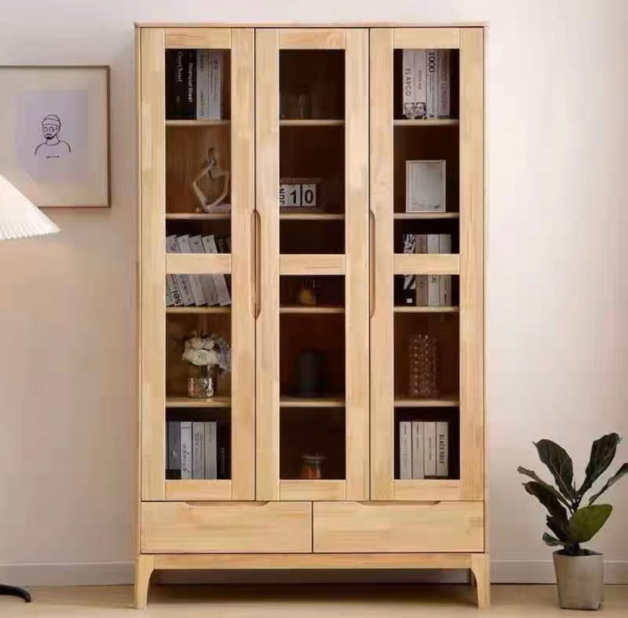KAYDENA COURTYARD Scandinavian Solid Wood Glass Display Cabinet Bookcase