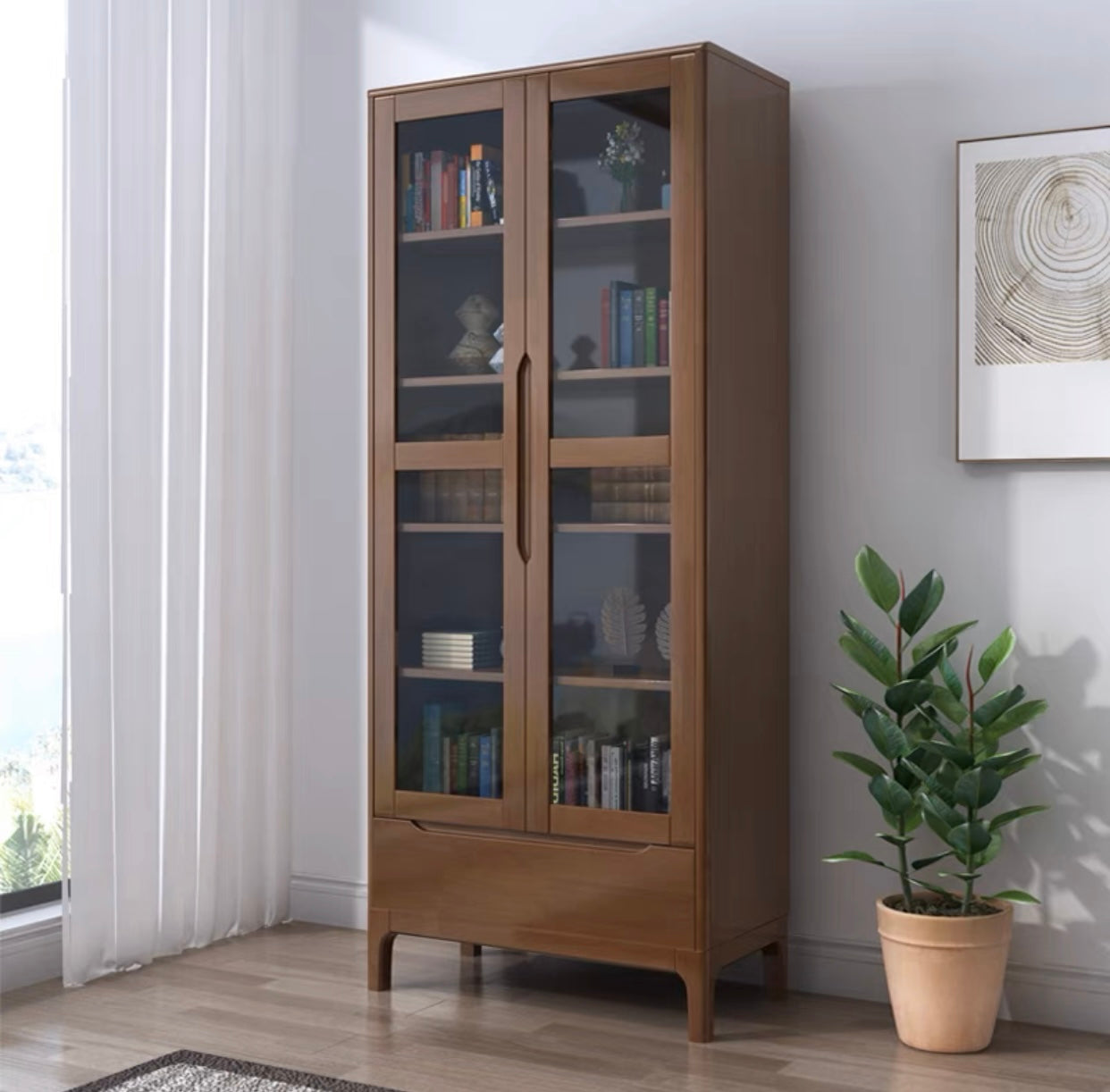 KAYDENA COURTYARD Scandinavian Solid Wood Glass Display Cabinet Bookcase