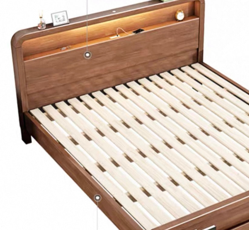 ASAPH HILTON CELINE American Solid Wood Walnut Multi Shelf Bed Frame Nordic Style Hydraulic Drawer Box Option
