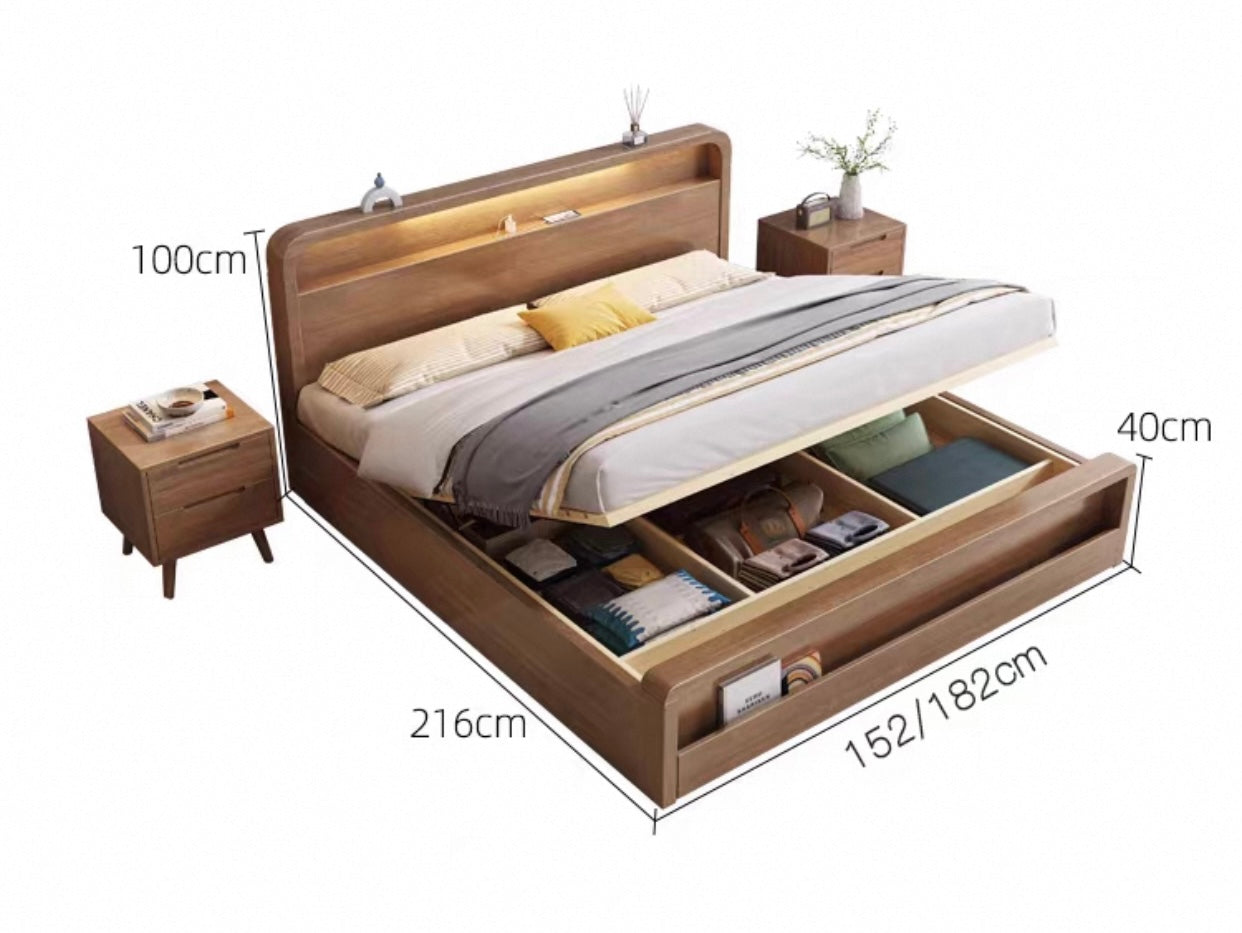 ASAPH HILTON CELINE American Solid Wood Walnut Multi Shelf Bed Frame Nordic Style Hydraulic Drawer Box Option