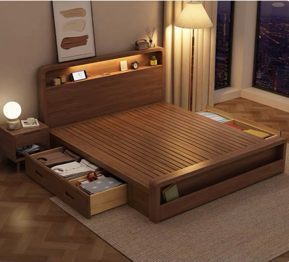 ASAPH HILTON CELINE American Solid Wood Walnut Multi Shelf Bed Frame Nordic Style Hydraulic Drawer Box Option