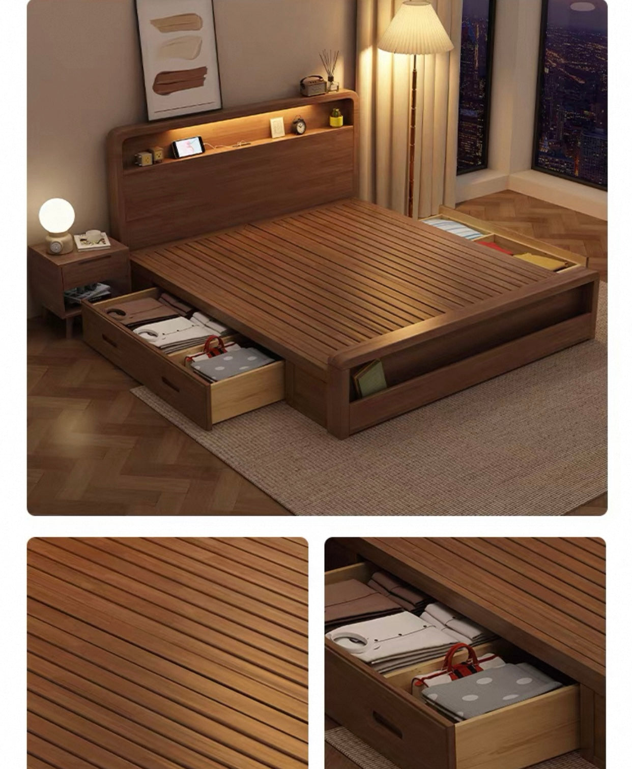 ASAPH HILTON CELINE American Solid Wood Walnut Multi Shelf Bed Frame Nordic Style Hydraulic Drawer Box Option