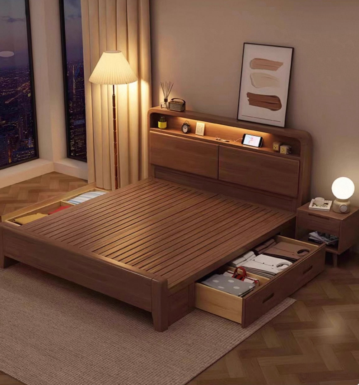 ASAPH HILTON CELINE American Solid Wood Walnut Multi Shelf Bed Frame Nordic Style Hydraulic Drawer Box Option
