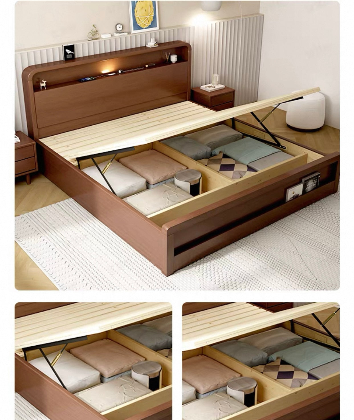 ASAPH HILTON CELINE American Solid Wood Walnut Multi Shelf Bed Frame Nordic Style Hydraulic Drawer Box Option