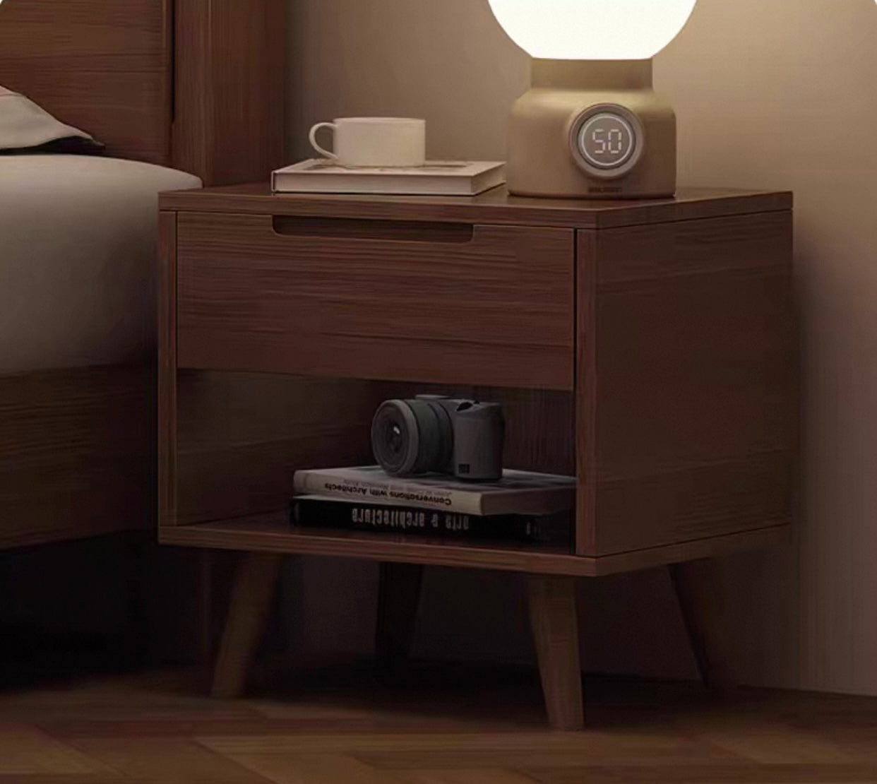 ASAPH HILTON CELINE American Solid Wood Walnut Multi Shelf Bed Frame Nordic Style Hydraulic Drawer Box Option