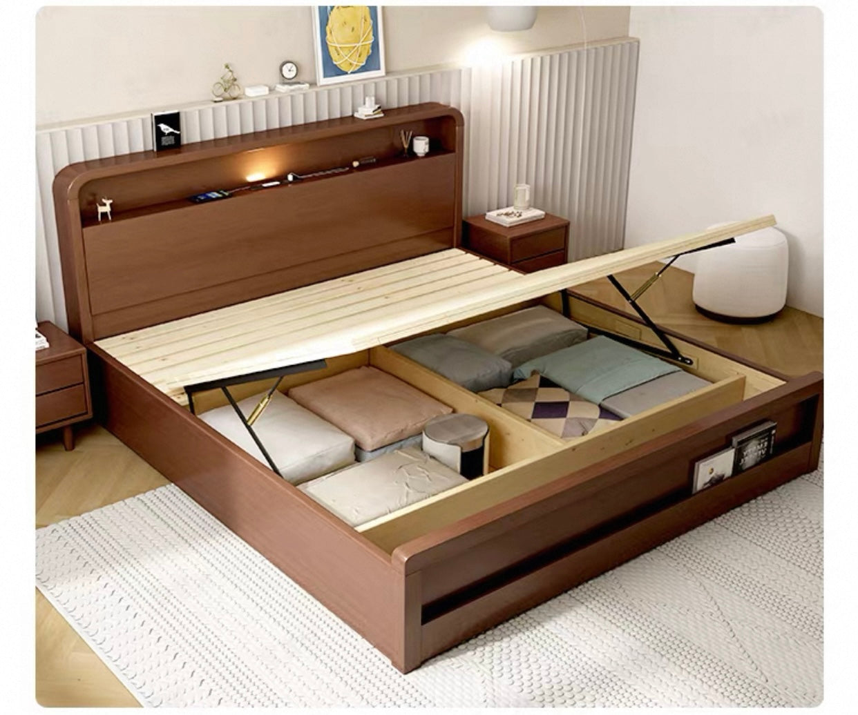 ASAPH HILTON CELINE American Solid Wood Walnut Multi Shelf Bed Frame Nordic Style Hydraulic Drawer Box Option