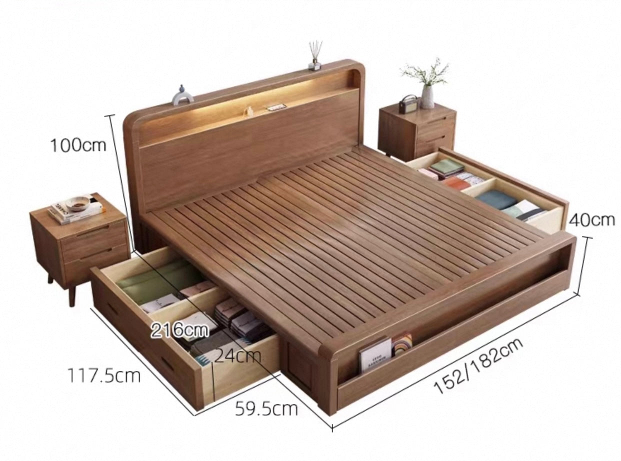 ASAPH HILTON CELINE American Solid Wood Walnut Multi Shelf Bed Frame Nordic Style Hydraulic Drawer Box Option