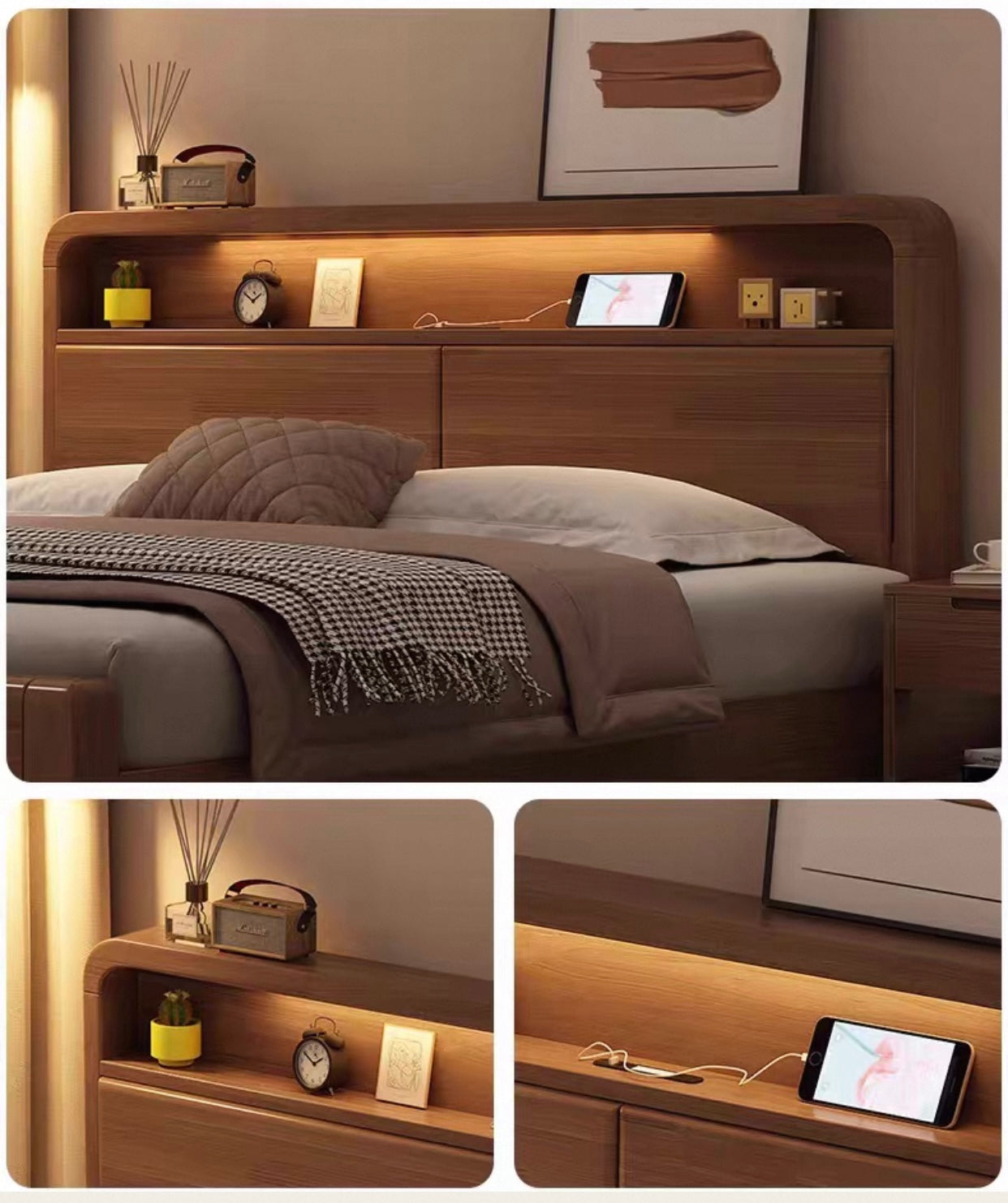 ASAPH HILTON CELINE American Solid Wood Walnut Multi Shelf Bed Frame Nordic Style Hydraulic Drawer Box Option
