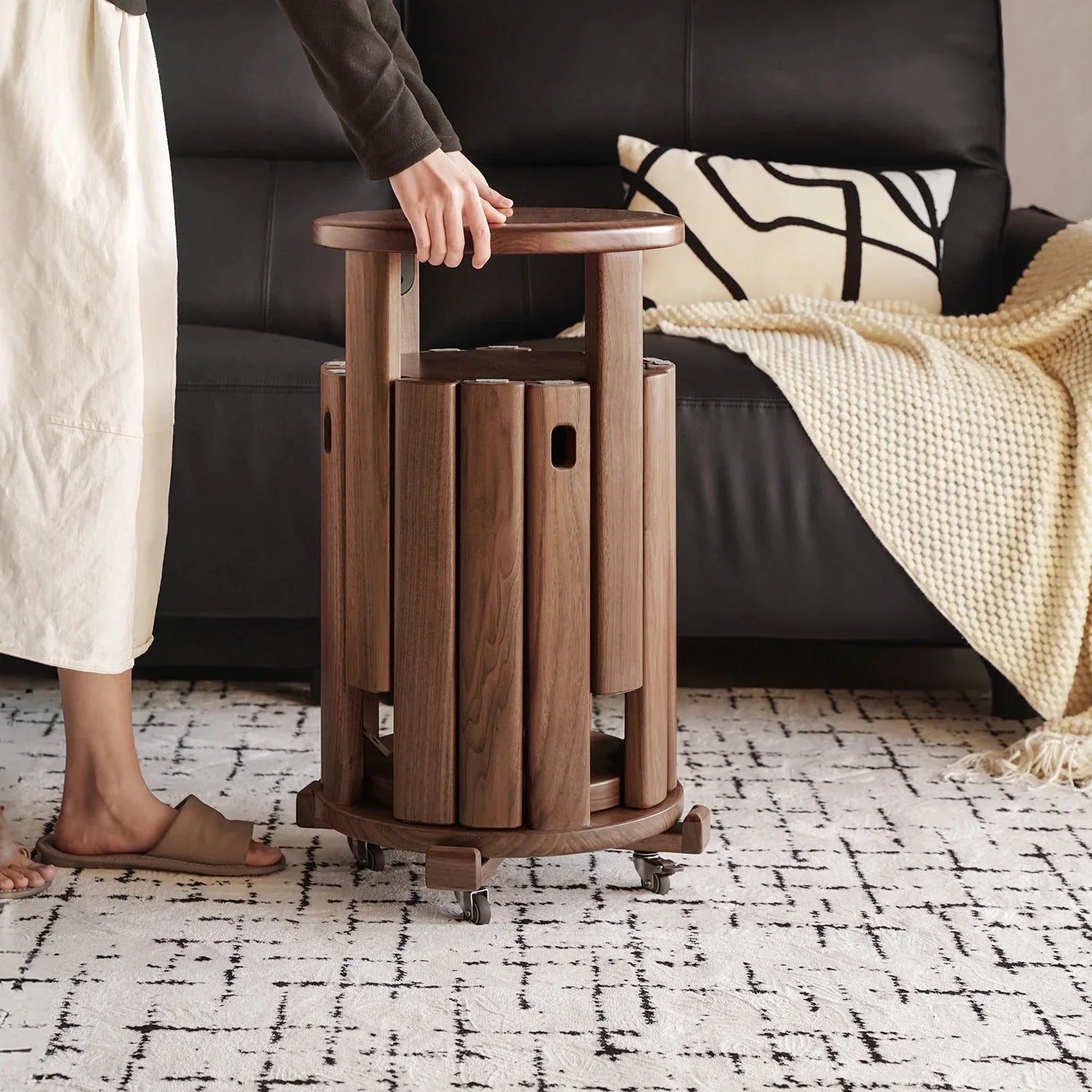 Japandi Rubber Wood Stackable Stool With Wheels FRIDAY