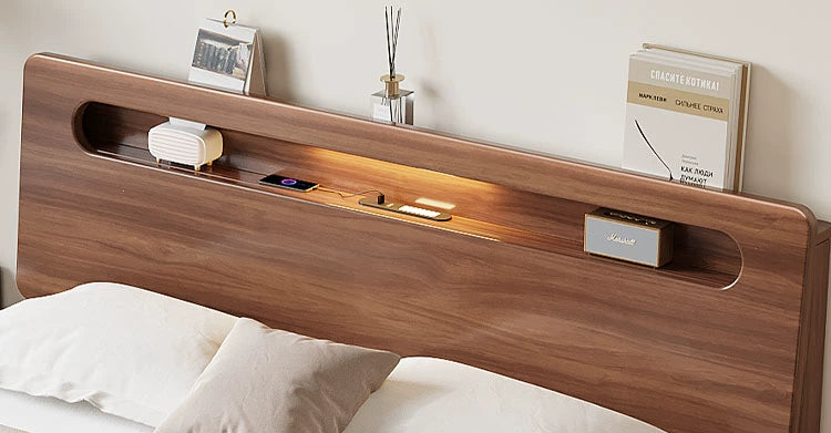 CASTRO HILTON Walnut American Solid Wood Platform / Hydraulic Bed Frame Japandi Design