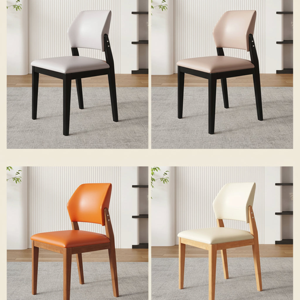Four dining chairs shown in a 2x2 grid, each with a different upholstered seat/back color and black wooden legs. The chairs are staged in a bright interior with paneled walls, wood flooring, and a rug.

