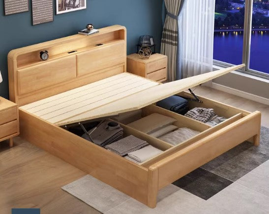 A walnut-colored solid wood bed frame with a headboard shelf, displayed alongside a matching bedside table in a furnished room setting.