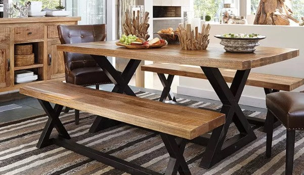 DANIEL SHERATON American Solid Wood Industrial Scandinavian Japandi Nordic Dining Table Bench Set