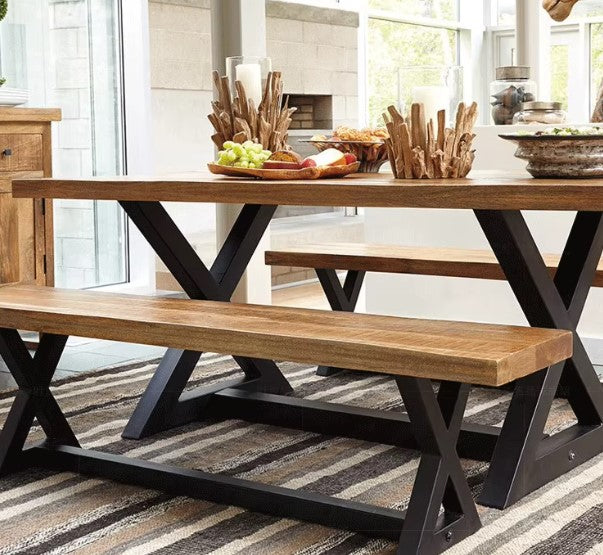 DANIEL SHERATON American Solid Wood Industrial Scandinavian Japandi Nordic Dining Table Bench Set