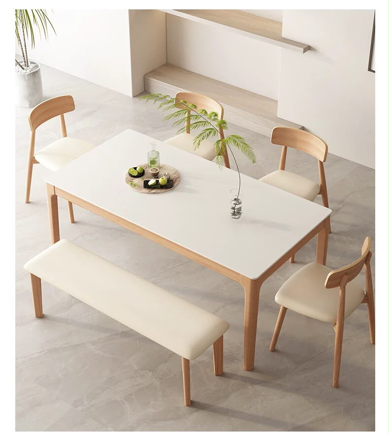Admiral Nordic solid wood dining table, light luxury modern sintered stone table top with chair and bench option