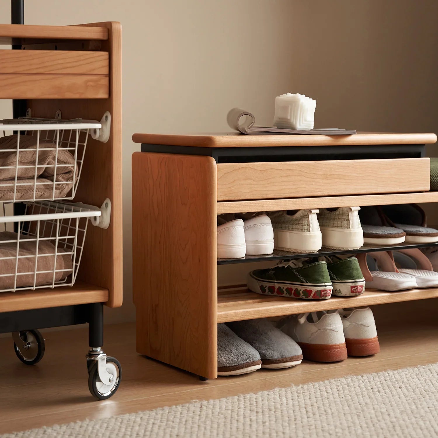 Scandinavian Cherry Wood Shoe Changing Bench MORI