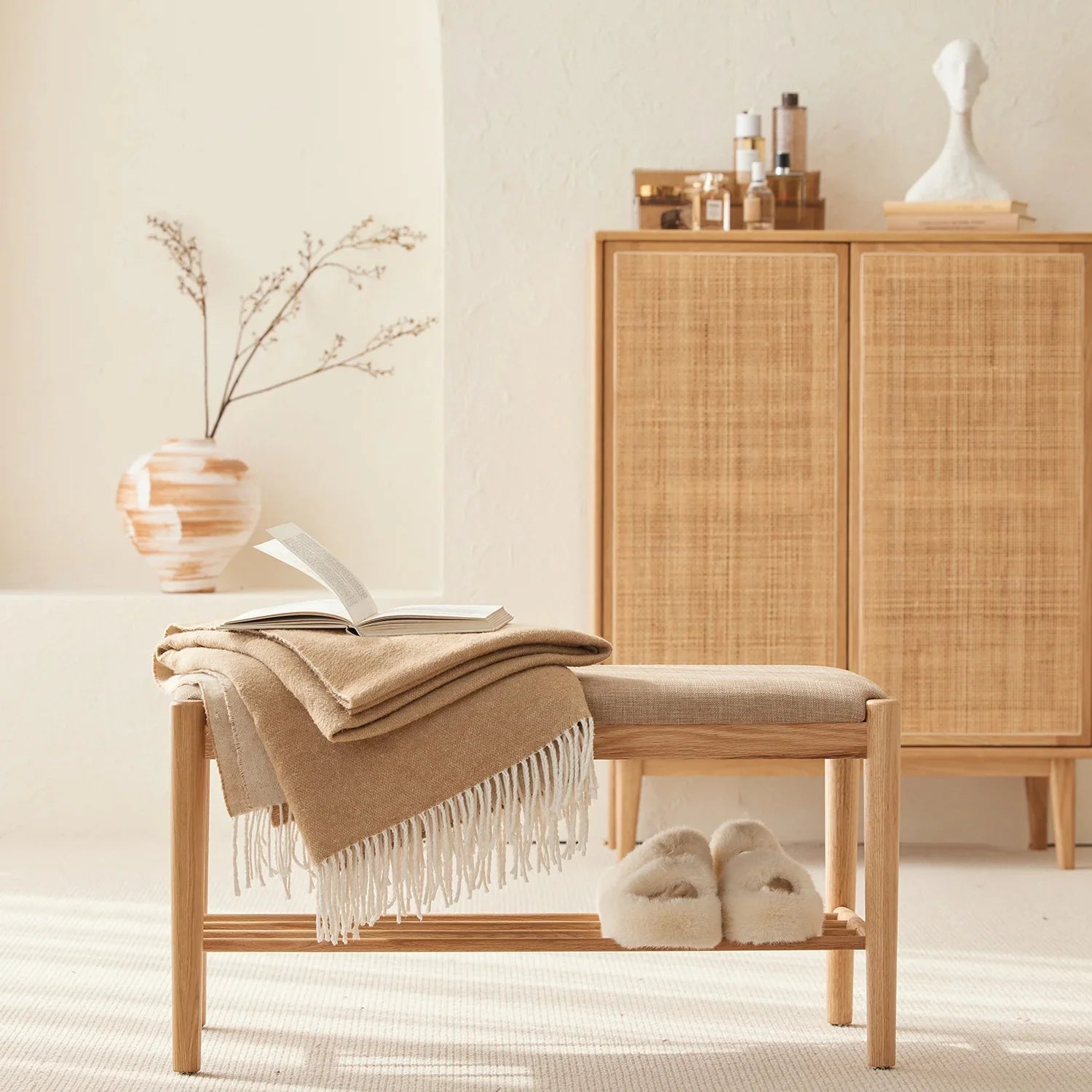 Scandinavian Oak Wood Shoe Changing Bench FUJI