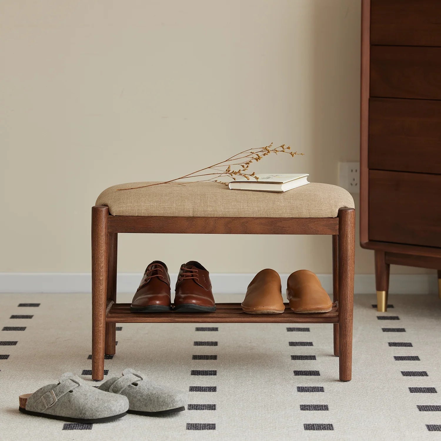 Japandi Oak Wood Shoe Changing Bench FUJI WALNUT