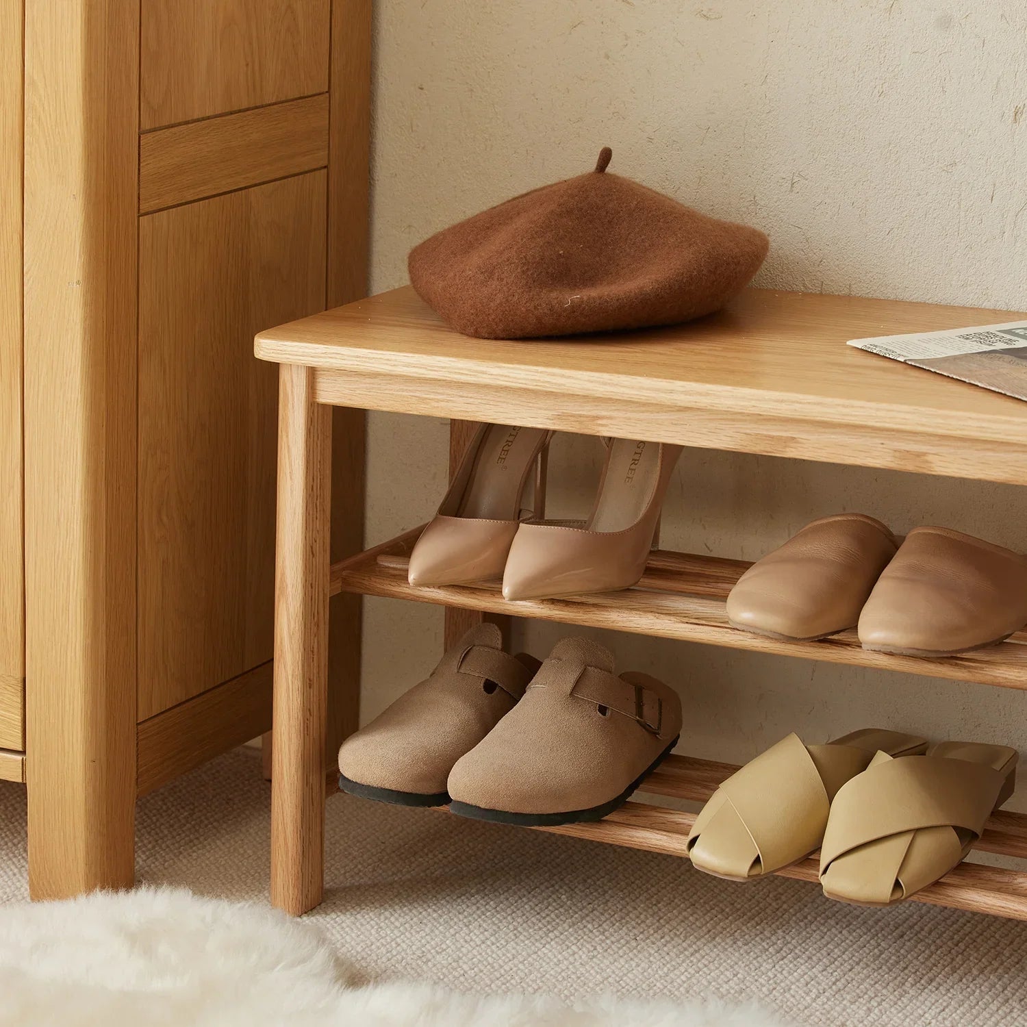 Scandinavian Oak Wood Shoe Shelf FUJI