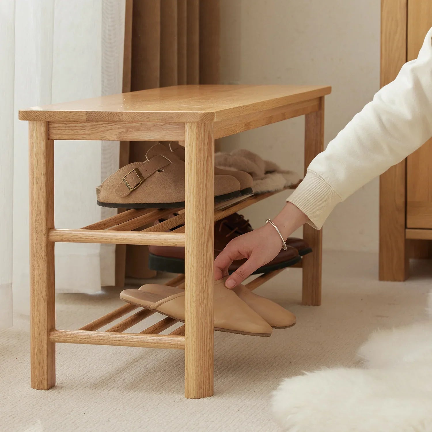 Scandinavian Oak Wood Shoe Shelf FUJI