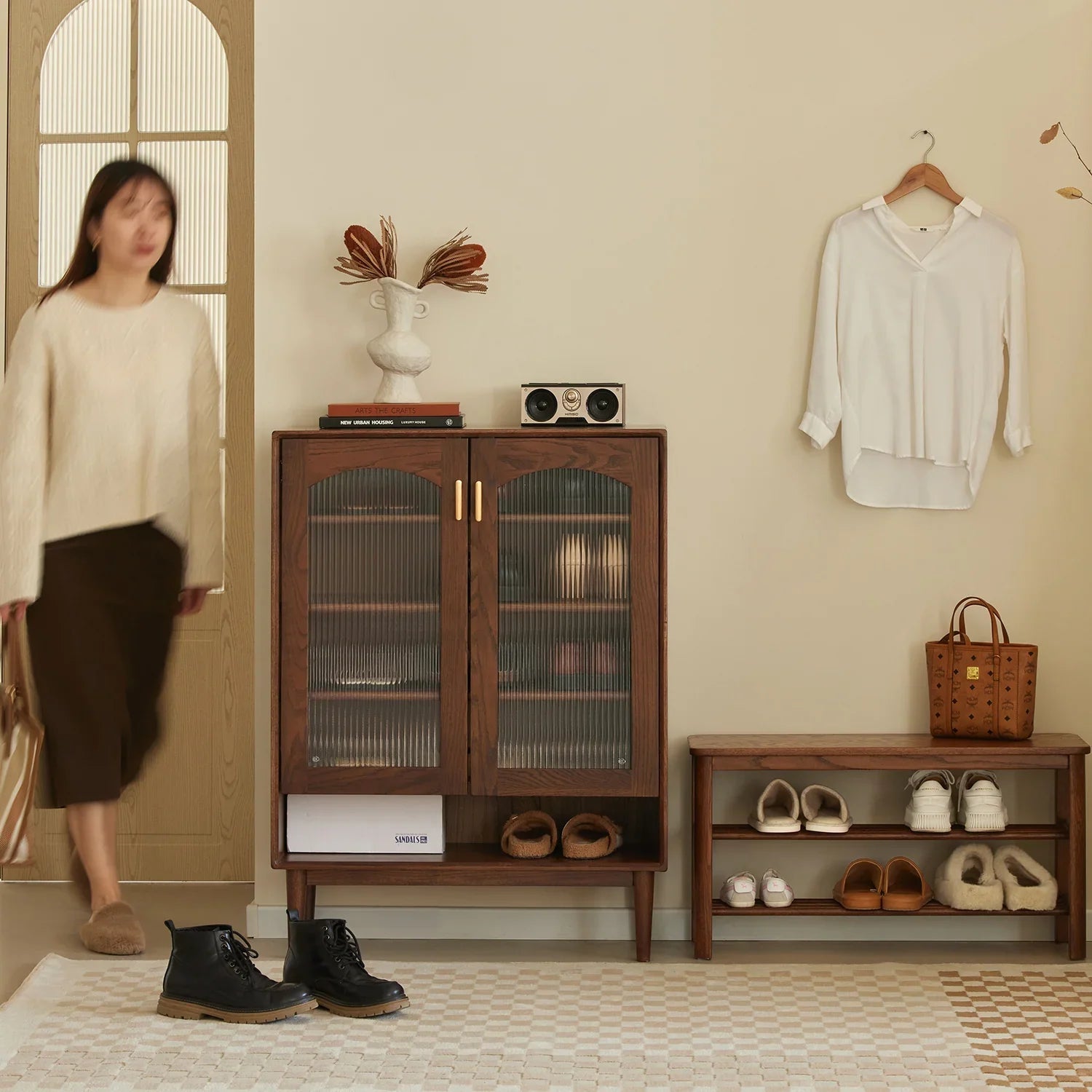 Japandi Oak Wood Shoe Shelf FUJI WALNUT