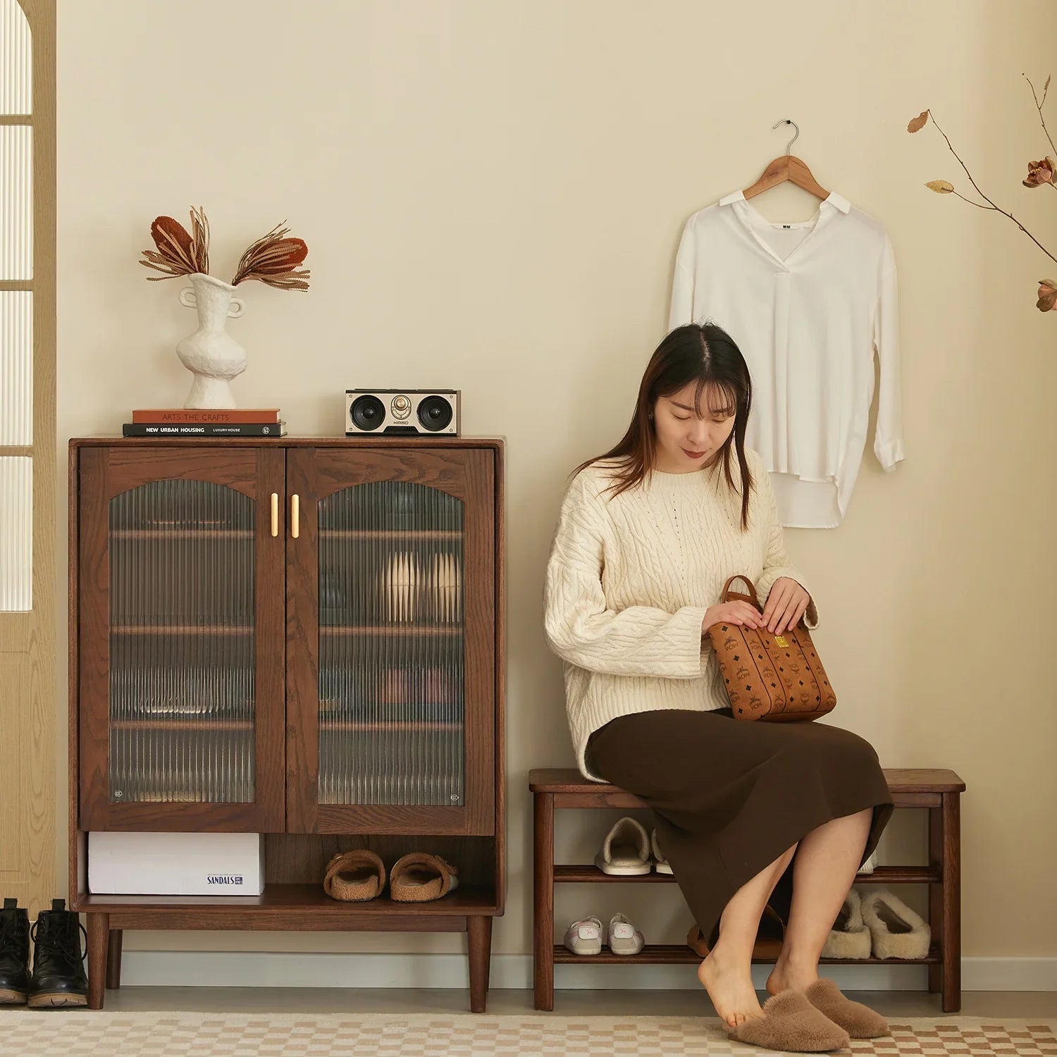 Japandi Oak Wood Shoe Shelf FUJI WALNUT