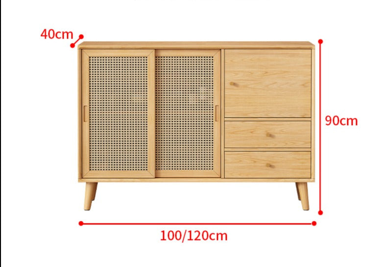 HAILEY Solid Wood Rattan Sliding Door Buffet Cabinet Sideboard ( 2 Color 2 Size )